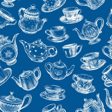 Seamless pattern of cups and teapots sketches clipart