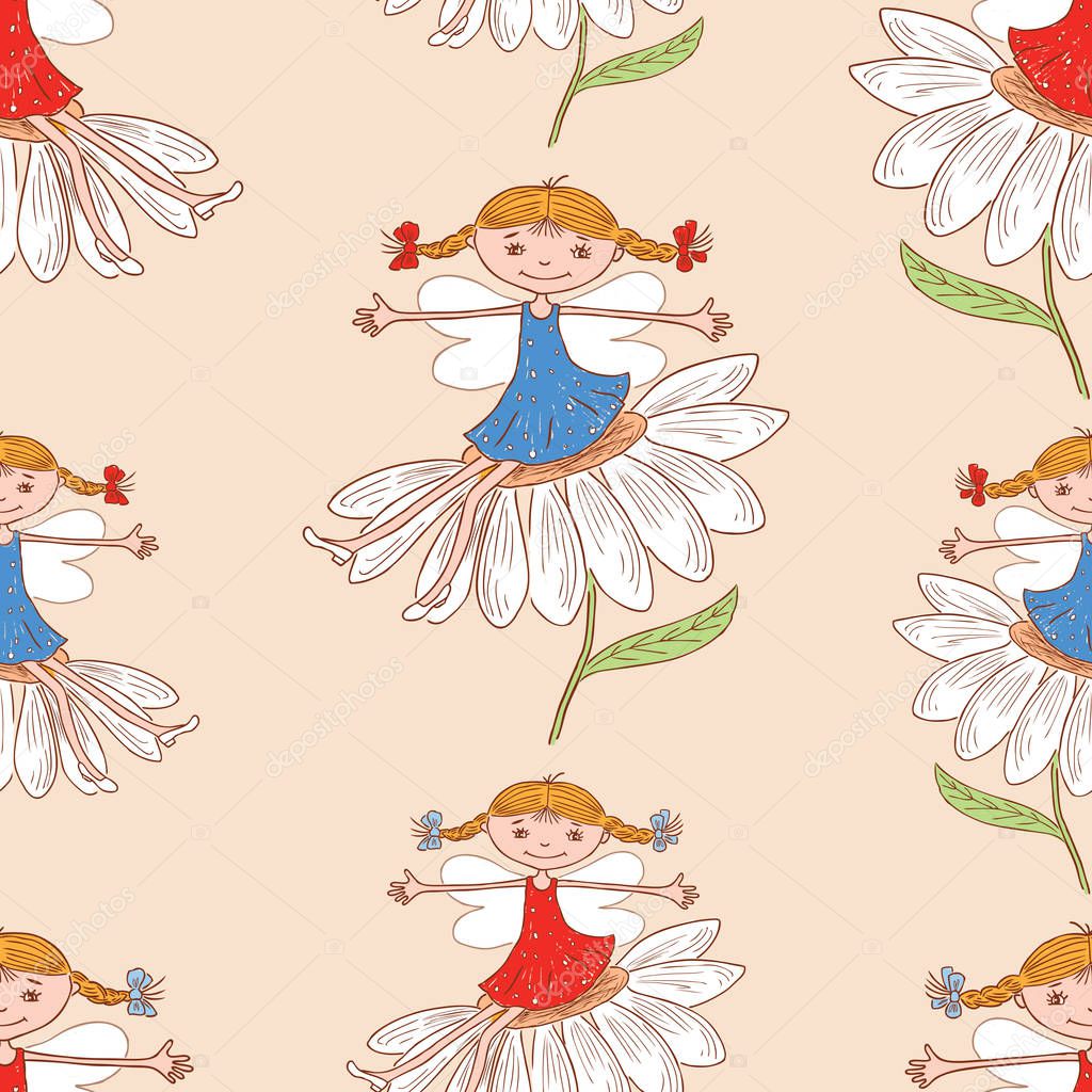 Seamless pattern of elves girls sitting on the camomiles