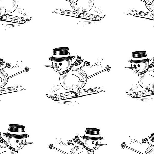Seamless Pattern Snowmen Skiing — Stock Vector