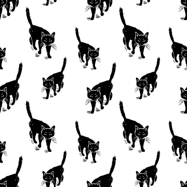 Nahtloses Muster Der Wandelnden Schwarzen Katzen — Stockvektor