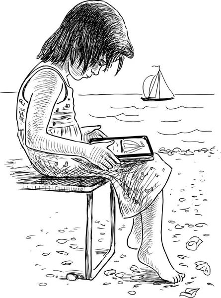 一个小女孩坐在沙滩上的素描 — 图库矢量图片