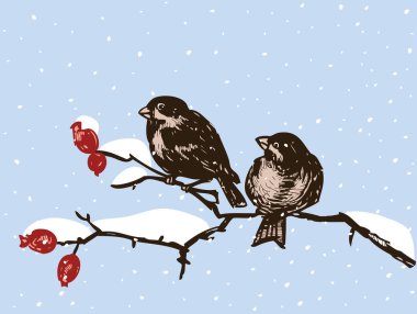 Serçeler dallarda bir kış günü içinde oturmak.