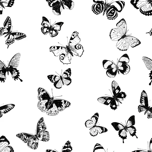 Patrón Sin Costuras Varias Mariposas Dibujadas — Vector de stock