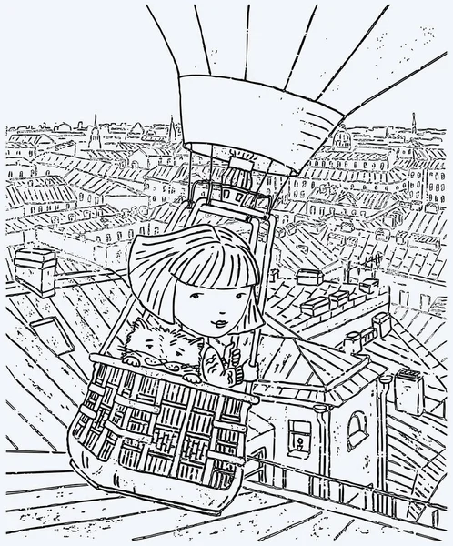 都市上空を気球に乗って飛行彼女の猫と少女のベクトル画像 — ストックベクタ