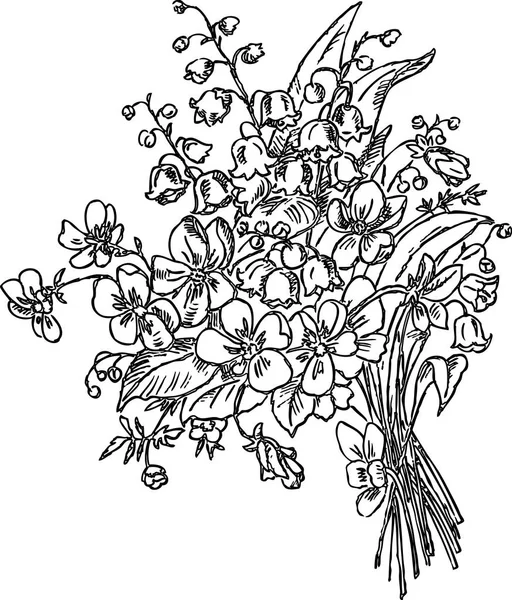 Χέρι Σχέδιο Του Μια Ανθοδέσμη Από Ανοιξιάτικα Λουλούδια — Διανυσματικό Αρχείο