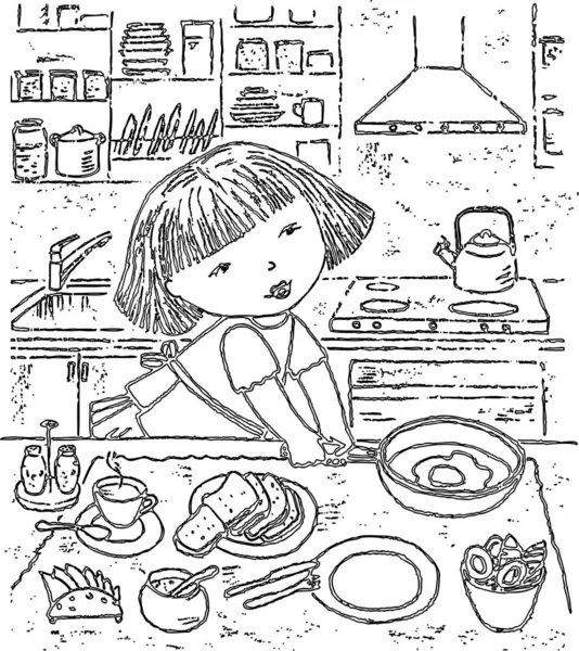 Disegno Vettoriale Una Bambina Che Prepara Una Colazione — Vettoriale Stock