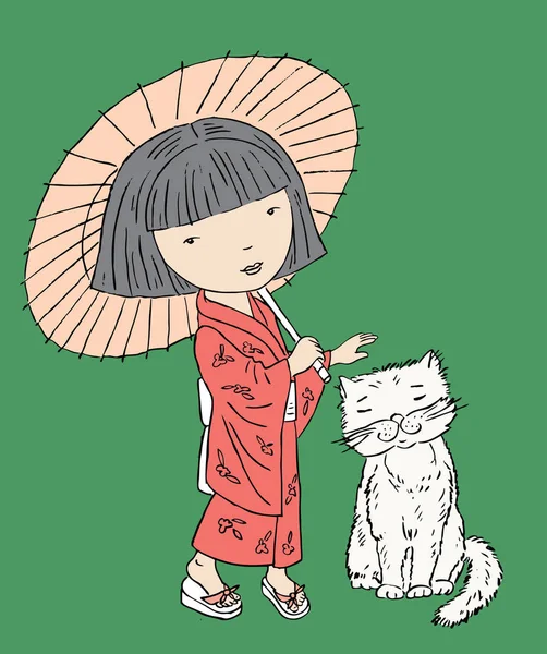 Vektorbild Eines Kleinen Mädchens Kimono Mit Ihrer Katze — Stockvektor
