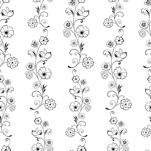 Seamless Pattern Outlines Decorative Flowers Birds — Stock Vector