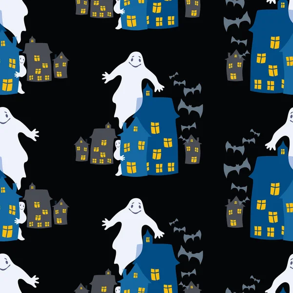 Nahtloser Hintergrund Von Geistern Der Stadt Der Halloween Nacht — Stockvektor