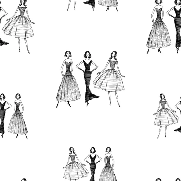 Latar Belakang Mulus Sketsa Wanita Elegan Dalam Gaun Malam - Stok Vektor
