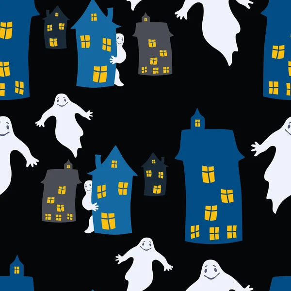 Nahtloses Muster Von Geistern Der Stadt Der Halloween Nacht — Stockvektor