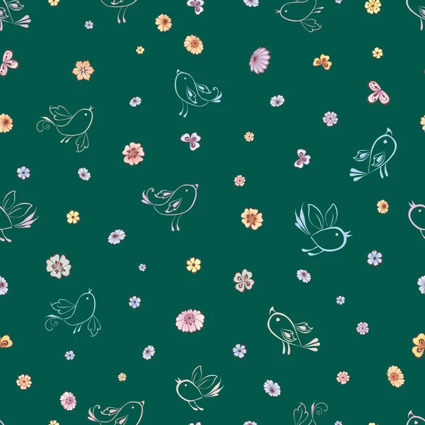 Fondo Sin Costuras Aves Flores Estilizadas — Vector de stock