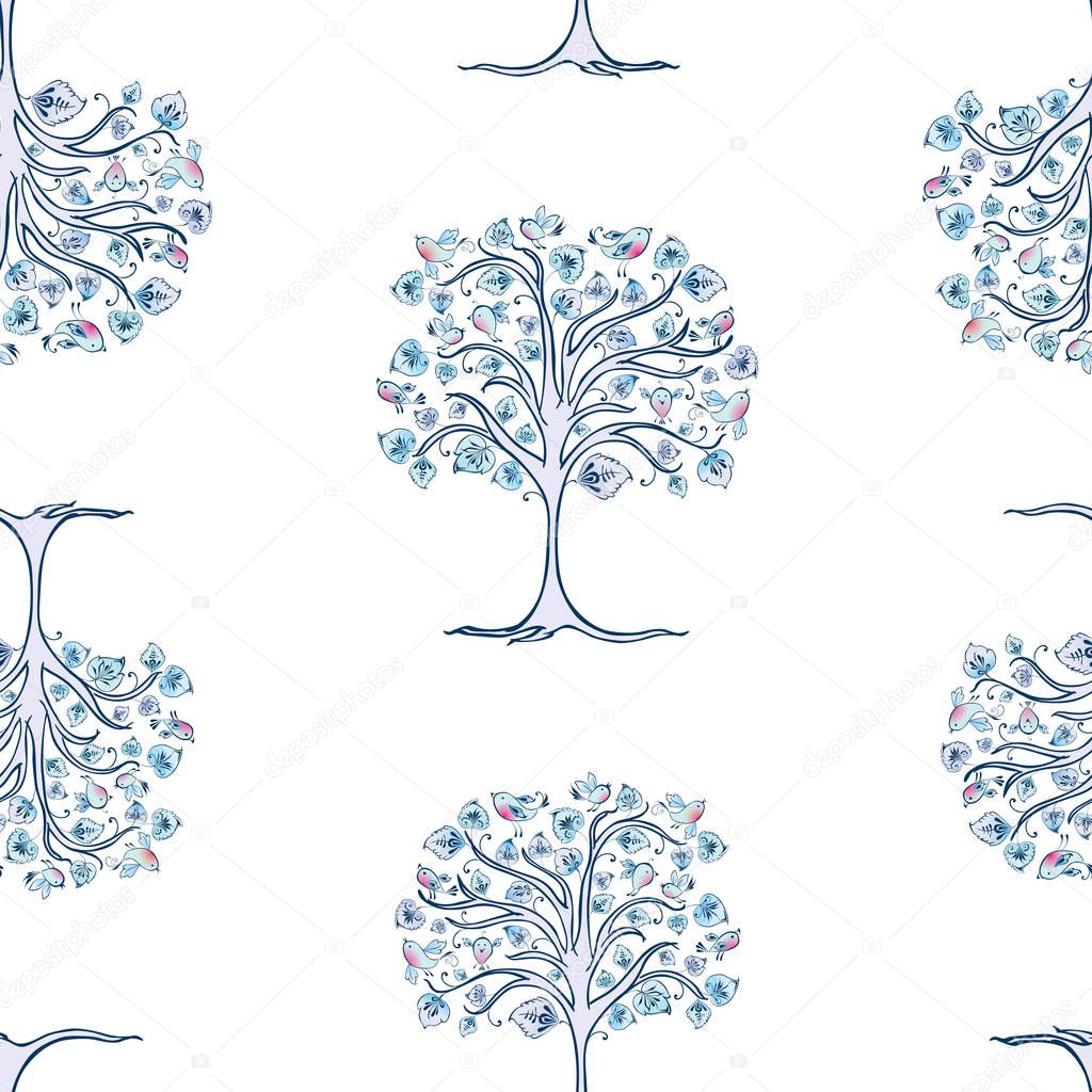 Seamless pattern of decorative frozen trees with bullfinches