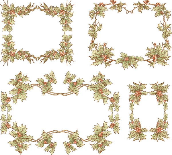 Noel Dekorasyonu Için Holly Dallarından Dekoratif Çiçek Çerçeveleri Seti — Stok Vektör