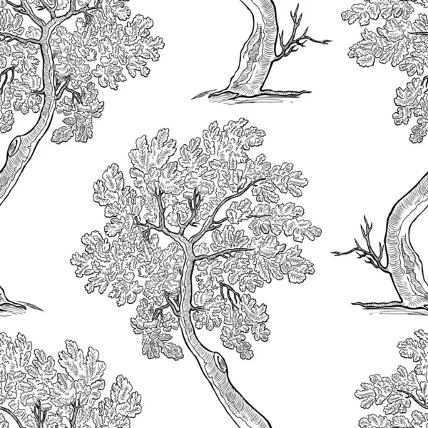 Безшовний Візерунок Декоративного Дубового Дерева Ескізи — стоковий вектор
