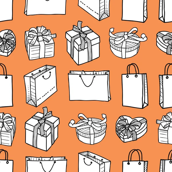 描かれたショッピングバッグやギフトボックスのシームレスなパターン — ストックベクタ