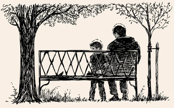 歩きながら公園のベンチに座っている彼の息子と父親のスケッチ — ストックベクタ