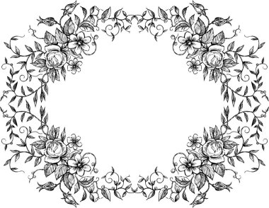 Güller, papatyalar ve tomurcuklarla çiçek açan dallardan dekoratif çiçek çerçevesi çizimi.