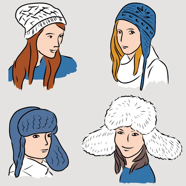 Illustration Vectorielle Têtes Féminines Dans Différents Chapeaux Par Temps Froid — Image vectorielle