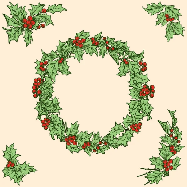 Векторна Ілюстрація Різдвяного Вінка Холлі Гілок Ягодами — стоковий вектор