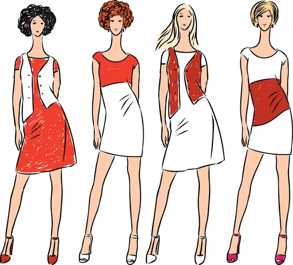 Dibujo Vectorial Mujeres Jóvenes Delgadas Vestidos Verano — Archivo Imágenes Vectoriales