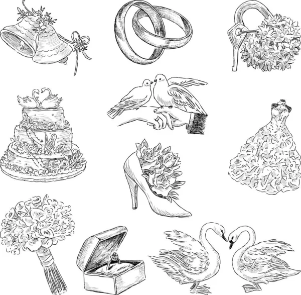 Desenhos Vetoriais Conjunto Vários Símbolos Casamento Tradicionais — Vetor de Stock