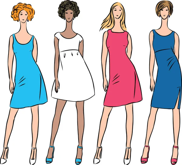 Imagen Vectorial Los Bocetos Moda Las Mujeres Delgadas Los Vestidos — Vector de stock