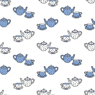 Mavi ve beyaz çaydanlıkların ve çay fincanlarının kusursuz deseni
