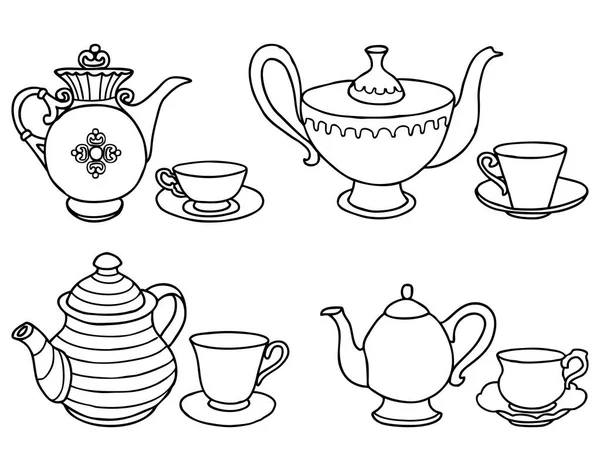 Очертания Различных Чайников Чайных Чашек — стоковый вектор