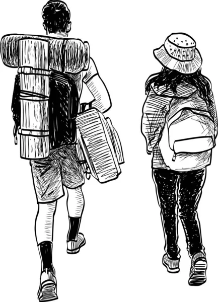 Freihändige Zeichnung Eines Jungen Touristenpaares Auf Gemeinsamer Reise — Stockvektor