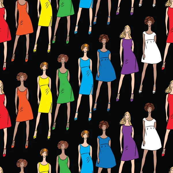 Fond Sans Couture Jeunes Femmes Mode Dans Des Robes Colorées — Image vectorielle