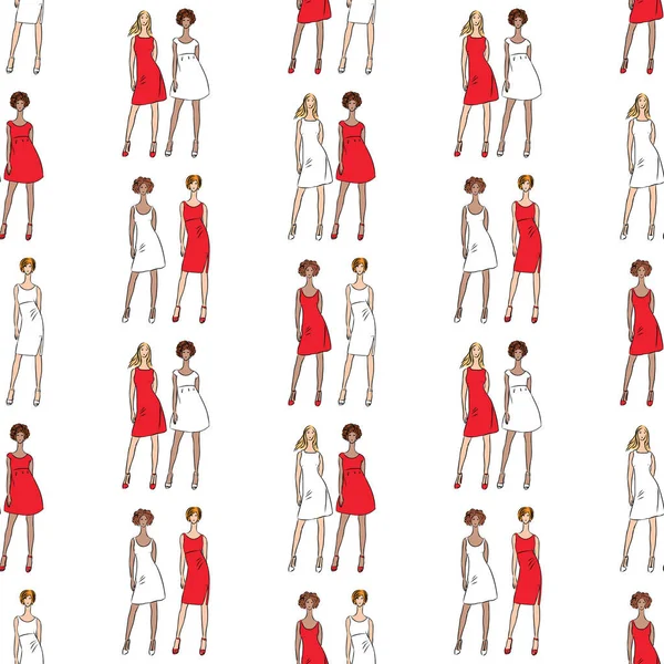 Fond Sans Couture Croquis Jeunes Femmes Mode Robes Rouges Blanches — Image vectorielle