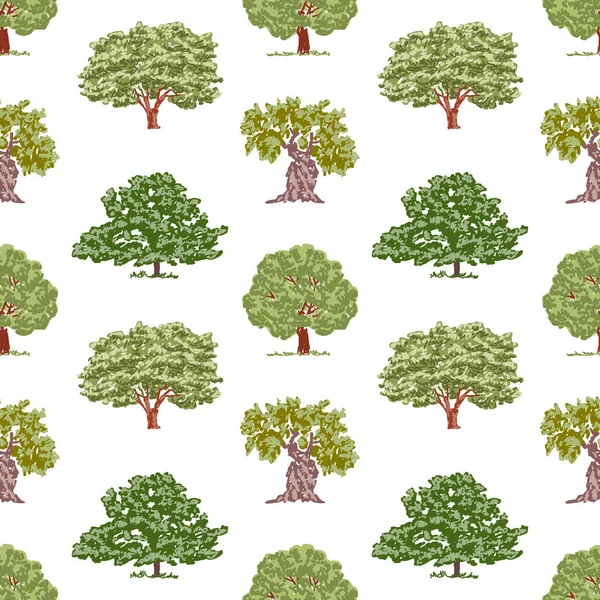 Бесшовный Фон Эскизов Различных Лиственных Деревьев — стоковый вектор
