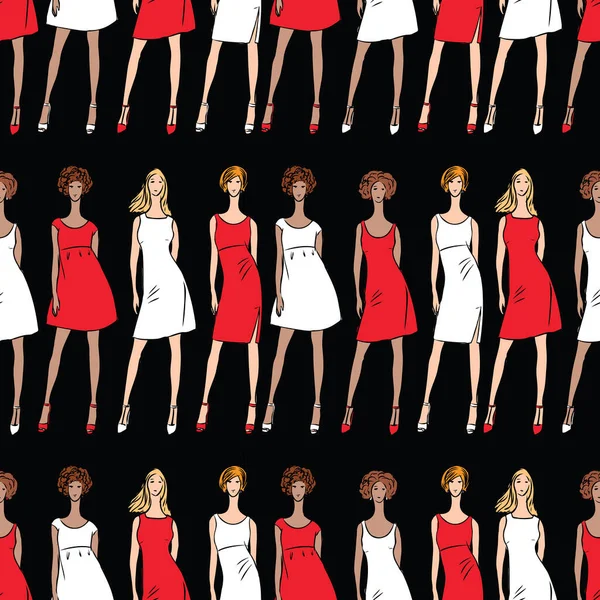 Modèle Sans Couture Croquis Femmes Fines Mode Dans Des Robes — Image vectorielle