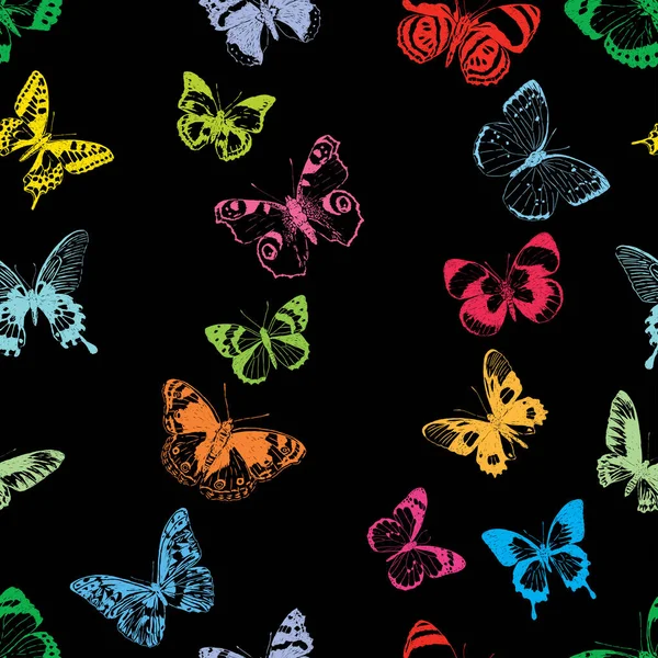 シルエットのシームレスなパターン様々なカラフルな蝶 — ストックベクタ