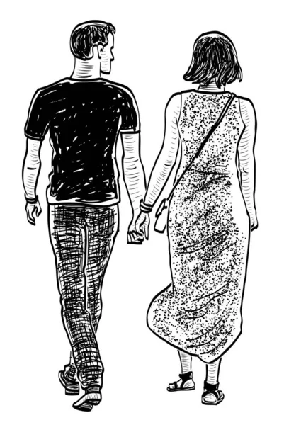Sketch Couple Young Citizens Walking Stroll — Stock Vector