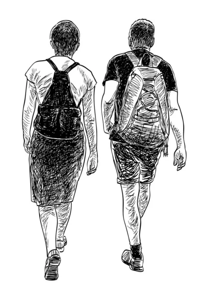 带着背包走在大街上的一对夫妇的画像 — 图库矢量图片