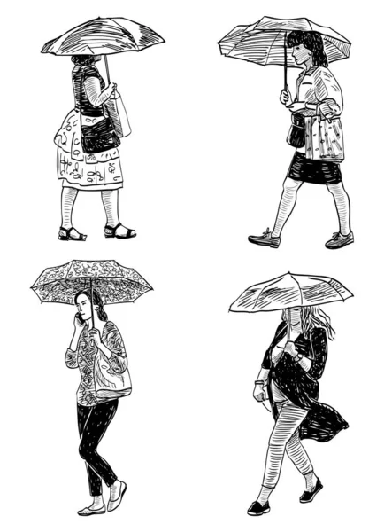 Skici Městských Žen Kráčejících Ulici Pod Slunečníky Deštivém Počasí — Stockový vektor