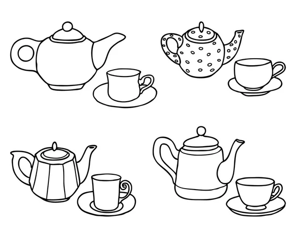 Διάνυσμα Σχέδιο Περίγραμμα Των Διαφόρων Φλιτζάνια Τσάι Και Δοχεία Τσαγιού — Διανυσματικό Αρχείο