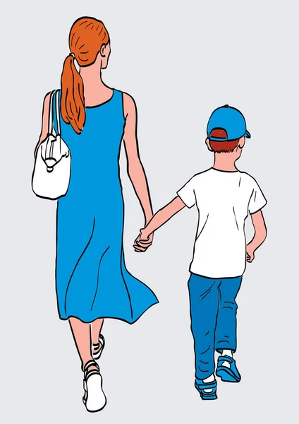 ベクトル画像のYong母と彼女の小さな息子一緒に散歩 — ストックベクタ