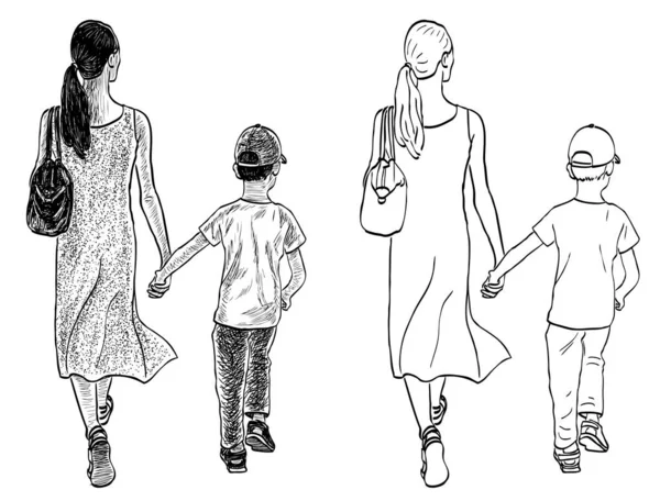 ベクトル描画の若い女性と彼女の子供の通りに沿って歩く — ストックベクタ