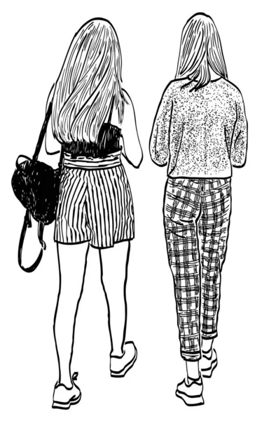Dibujo Esquema Vectorial Chicas Adolescentes Caminando Juntas Por Calle — Vector de stock