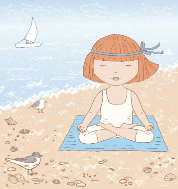 Deniz kenarında yoga yapan küçük bir kızın vektör çizimi