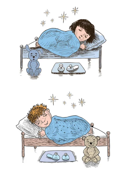 Freihändige Zeichnungen Von Kleinen Kindern Die Ihren Betten Schlafen — Stockvektor