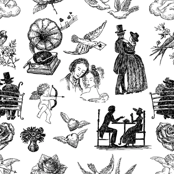 Fondo Sin Costuras Dibujos Vintage Para Día San Valentín — Archivo Imágenes Vectoriales