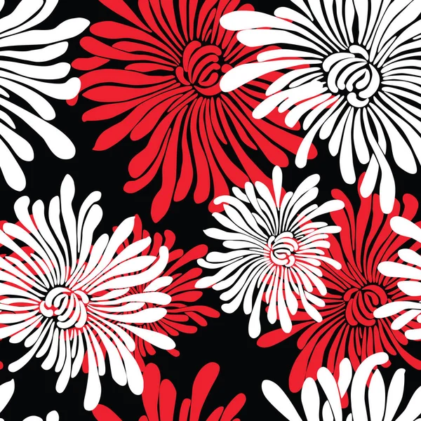 Seamless Pattern Decorative Red White Chrysanthemums — Stock Vector