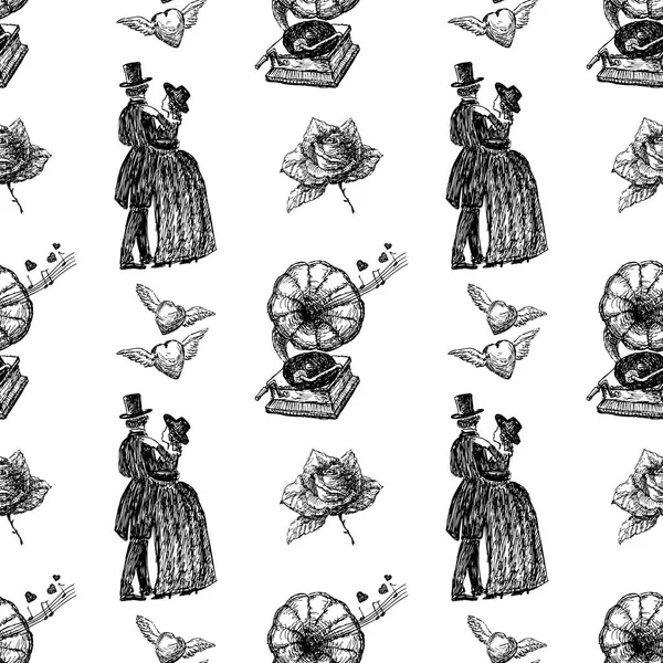 Patrón Sin Costuras Dibujos Vintage Para Día San Valentín — Vector de stock