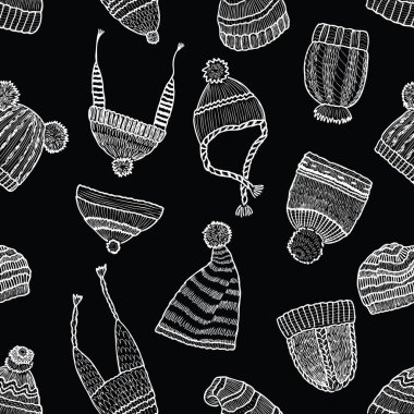 Soğuk hava için örülmüş çeşitli şapkaların kusursuz arka planı