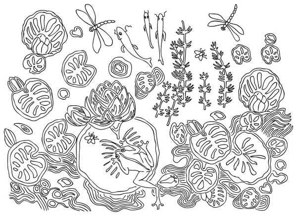Σχεδιάγραμμα Καλλωπιστικών Φυτών Και Ζώων Που Ζουν Δασική Λίμνη — Διανυσματικό Αρχείο
