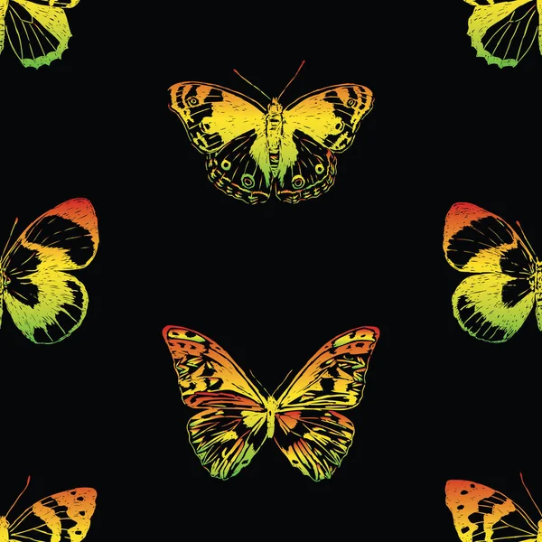 カラフルな描かれた蝶のシームレスな背景 — ストックベクタ